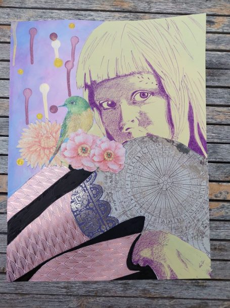 A collage portrait of the Norwegian singer Aurora.