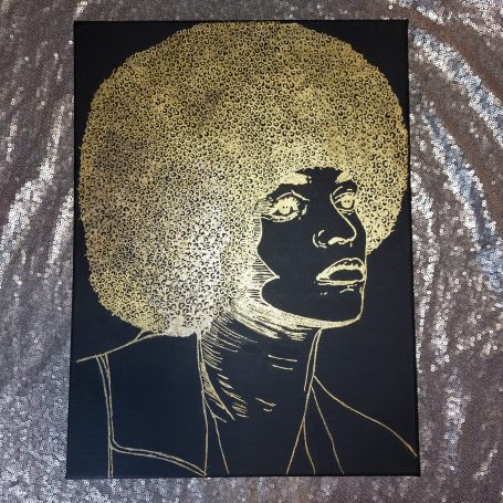A head and shoulders portrait of the academic and human rights activist Professor Angela Davis. The Image is 24ct gold leaf on black gesso.